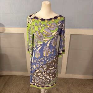 New Directions Green and Purple Floral Dress SZ 6 Floral MIDI 35” long Stretchy